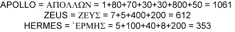 gematria: apollo zeus hermes